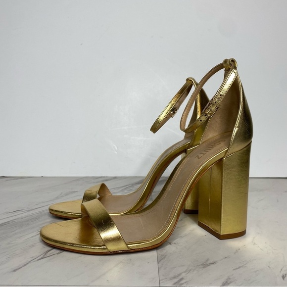 Schutz Gold Leather Ankle Strap Block Heel Sandal 10 1/2 B - Picture 16 of 16